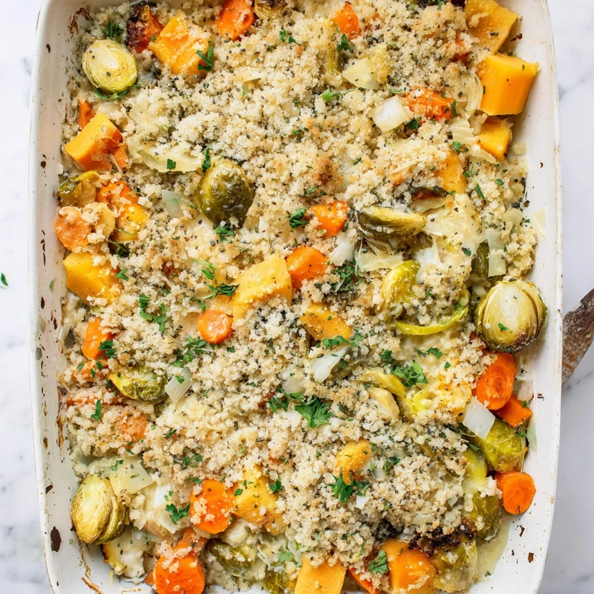 Oven-baked winter vegetables in rich cream sauce with crispy breadcrumb crust and fresh parsley garnish