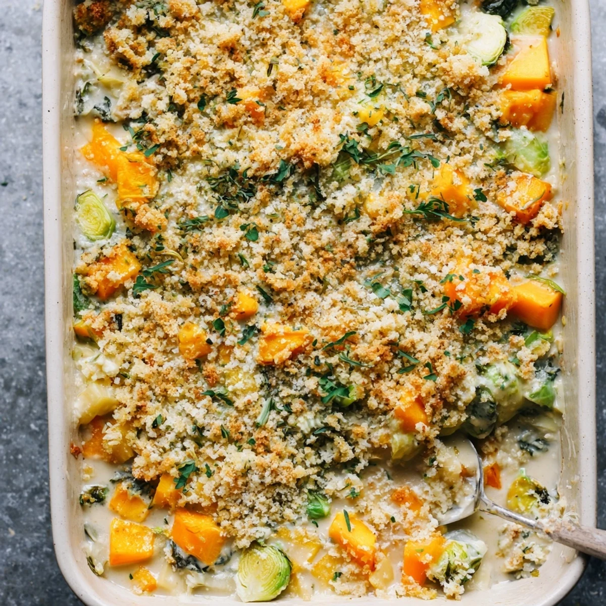Comforting casserole dish with tender butternut squash and parsnips swimming in luscious white herb sauce