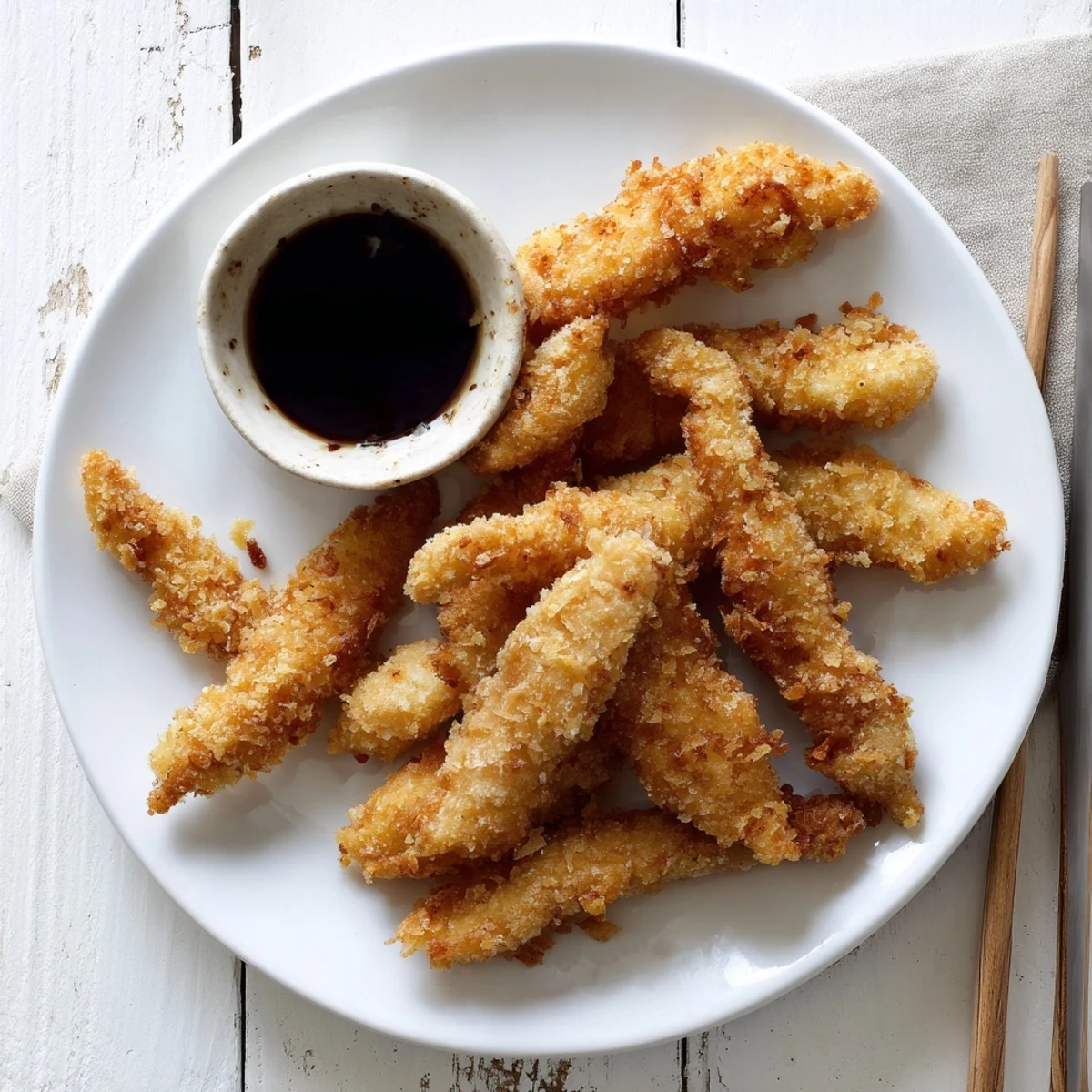 Golden brown chicken tempura pieces arranged on a white plate with soy dipping sauce