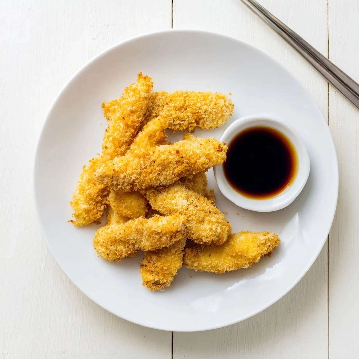 Light and airy battered chicken tempura served in a dark bowl with tangy ginger sauce