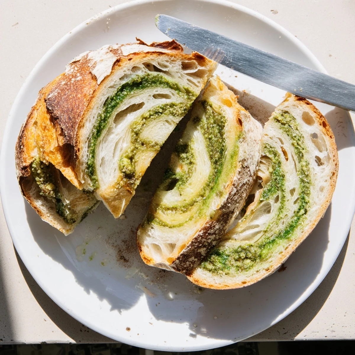 Golden crust loaf swirled with green basil pesto and melted Parmesan cheese