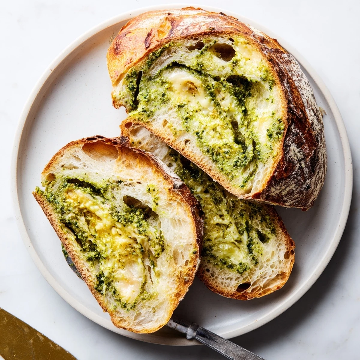 Rustic Italian-inspired sourdough topped with cheesy golden crust and aromatic basil pesto