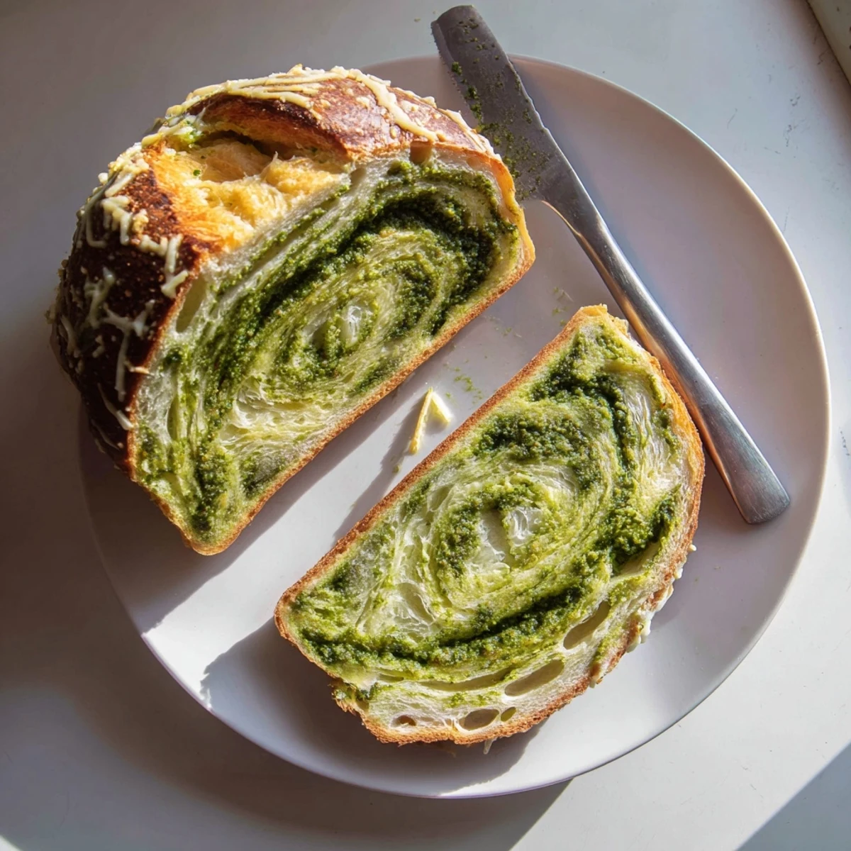 Freshly sliced pesto Parmesan sourdough bread revealing vibrant herb-filled spiral layers
