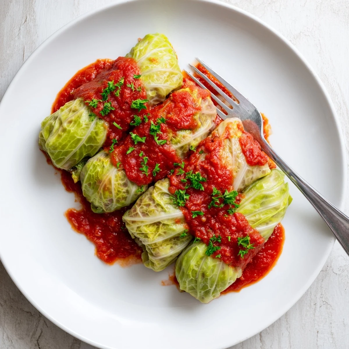 Golden baked vegan cabbage rolls swimming in rich tomato sauce with lentil rice filling