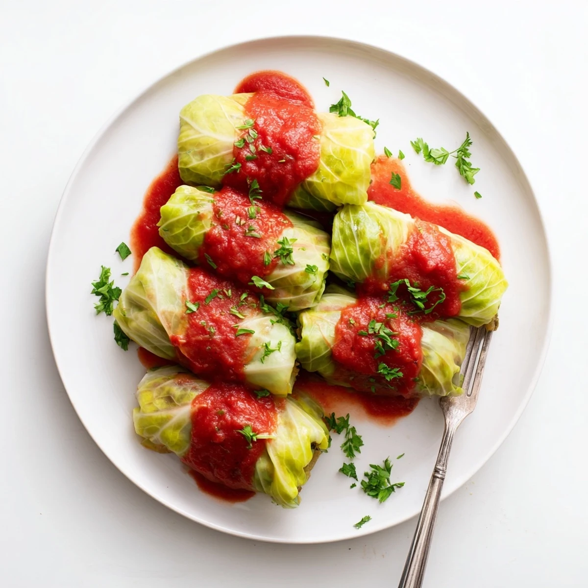 Tender green cabbage leaves wrapped around savory lentil and rice stuffing in red tomato sauce