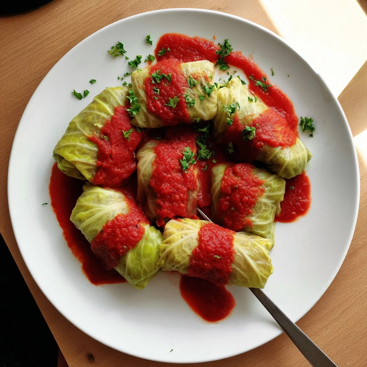 Hearty vegan cabbage rolls stuffed with vegetables and grains bubbling in rustic tomato sauce