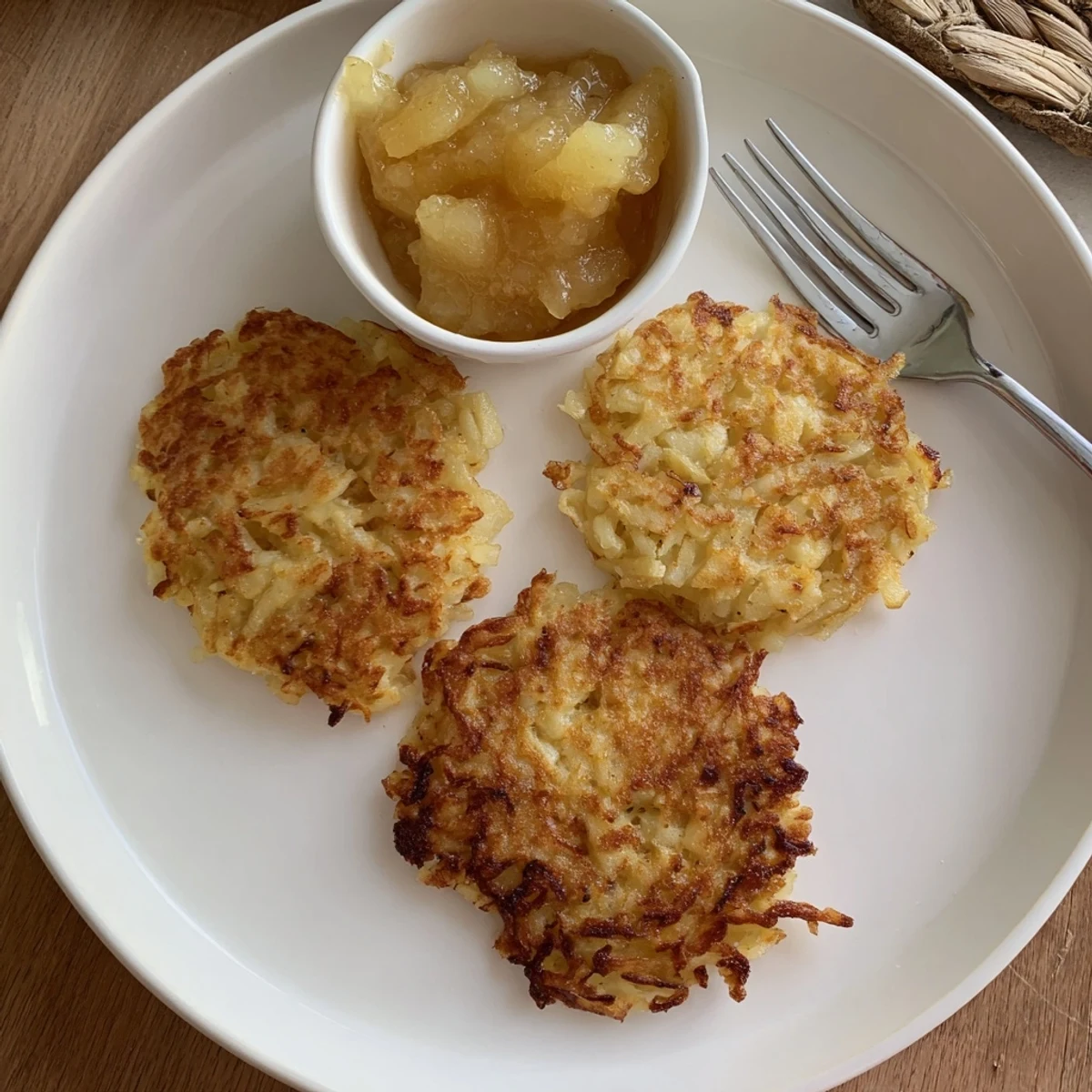 Golden brown German potato pancakes stacked on a white serving plate with sour cream