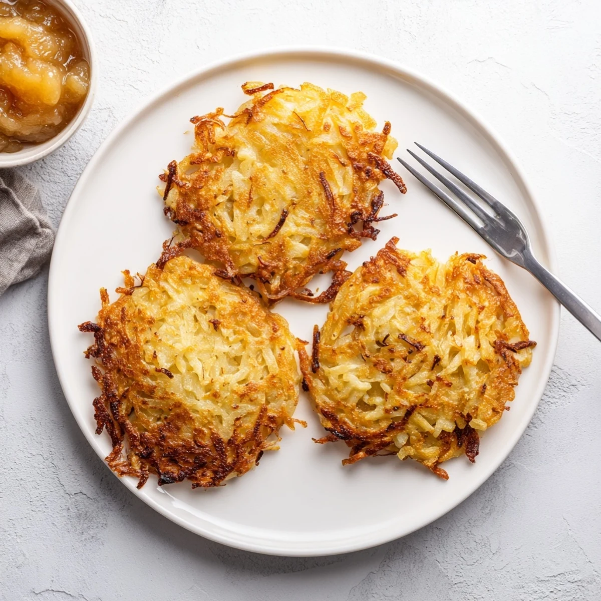 Crispy fried German potato pancakes sizzling in a skillet with applesauce on the side