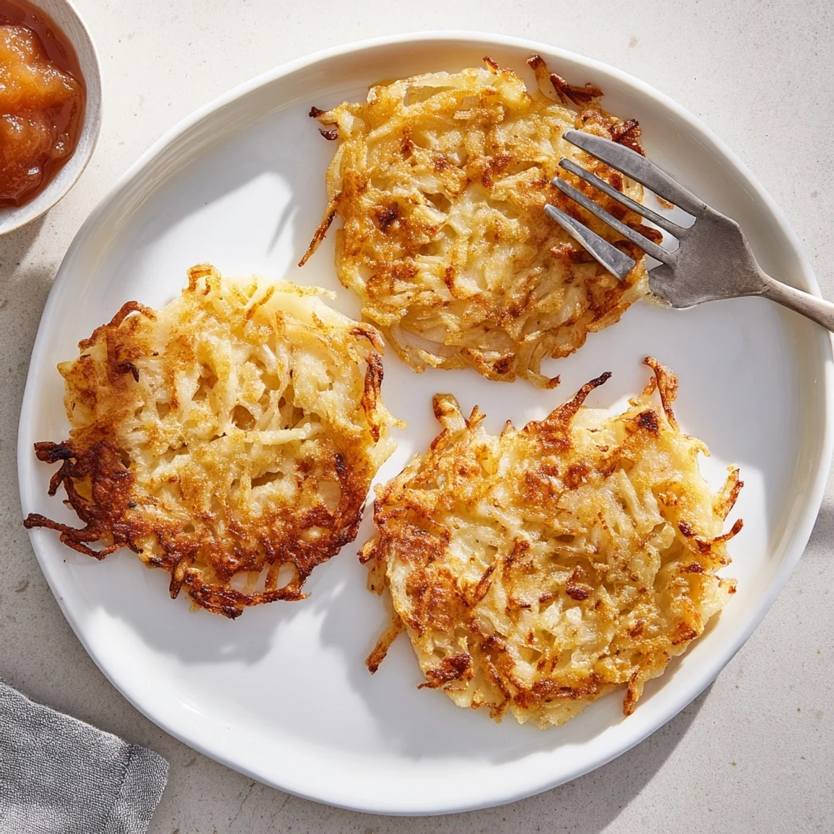Traditional German potato pancakes arranged on a wooden board with fresh apple dipping sauce