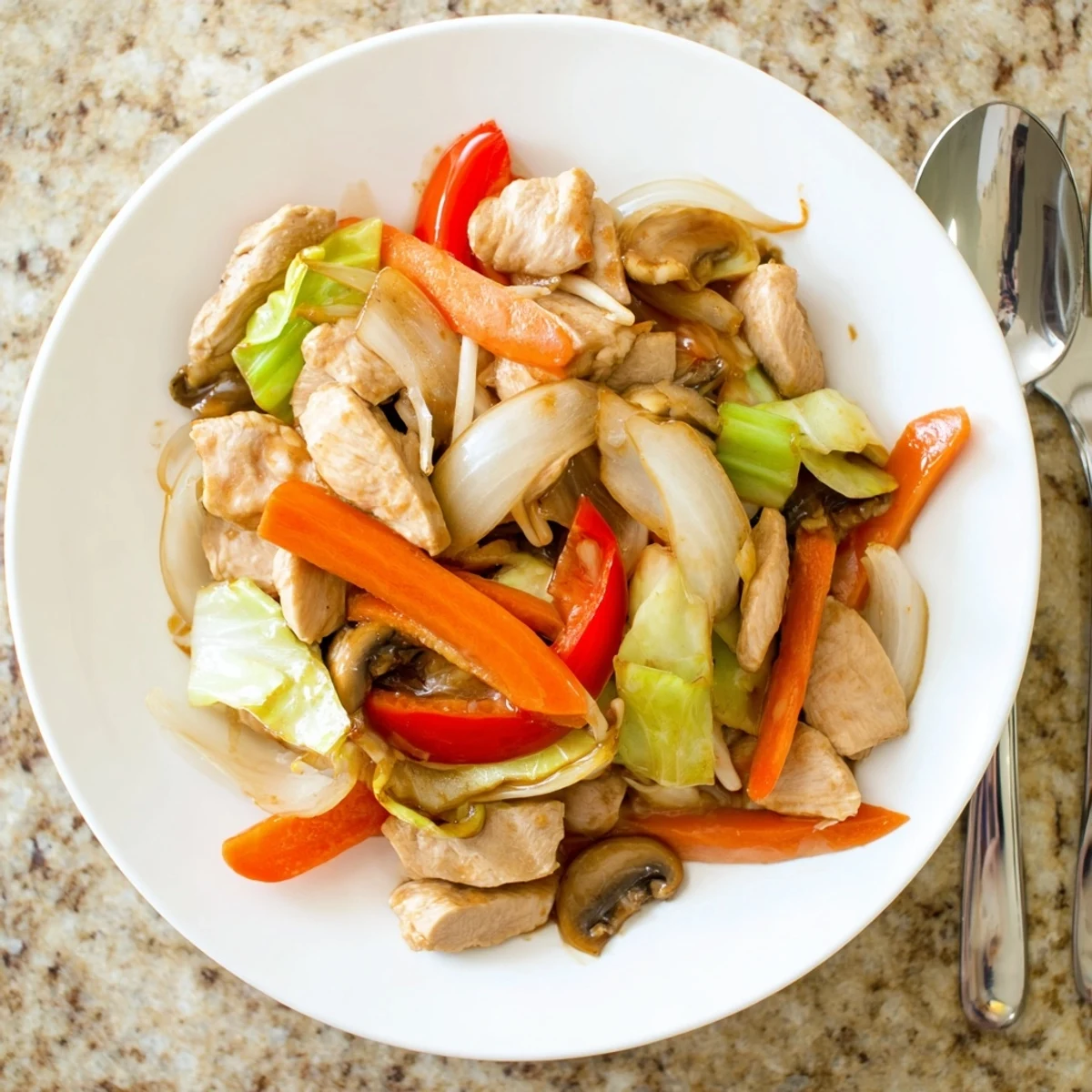 Vibrant plate of Chop Suey featuring crisp veggies and tender meat over white rice