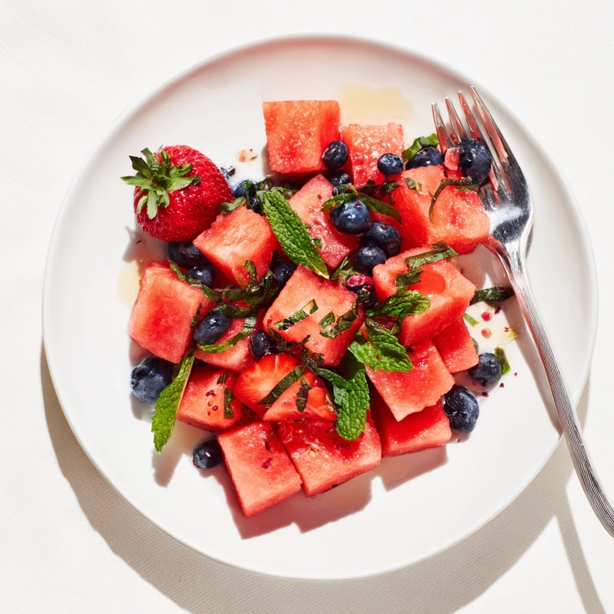 Fresh strawberry watermelon salad drizzled with honey lime vinaigrette and sprinkled mint