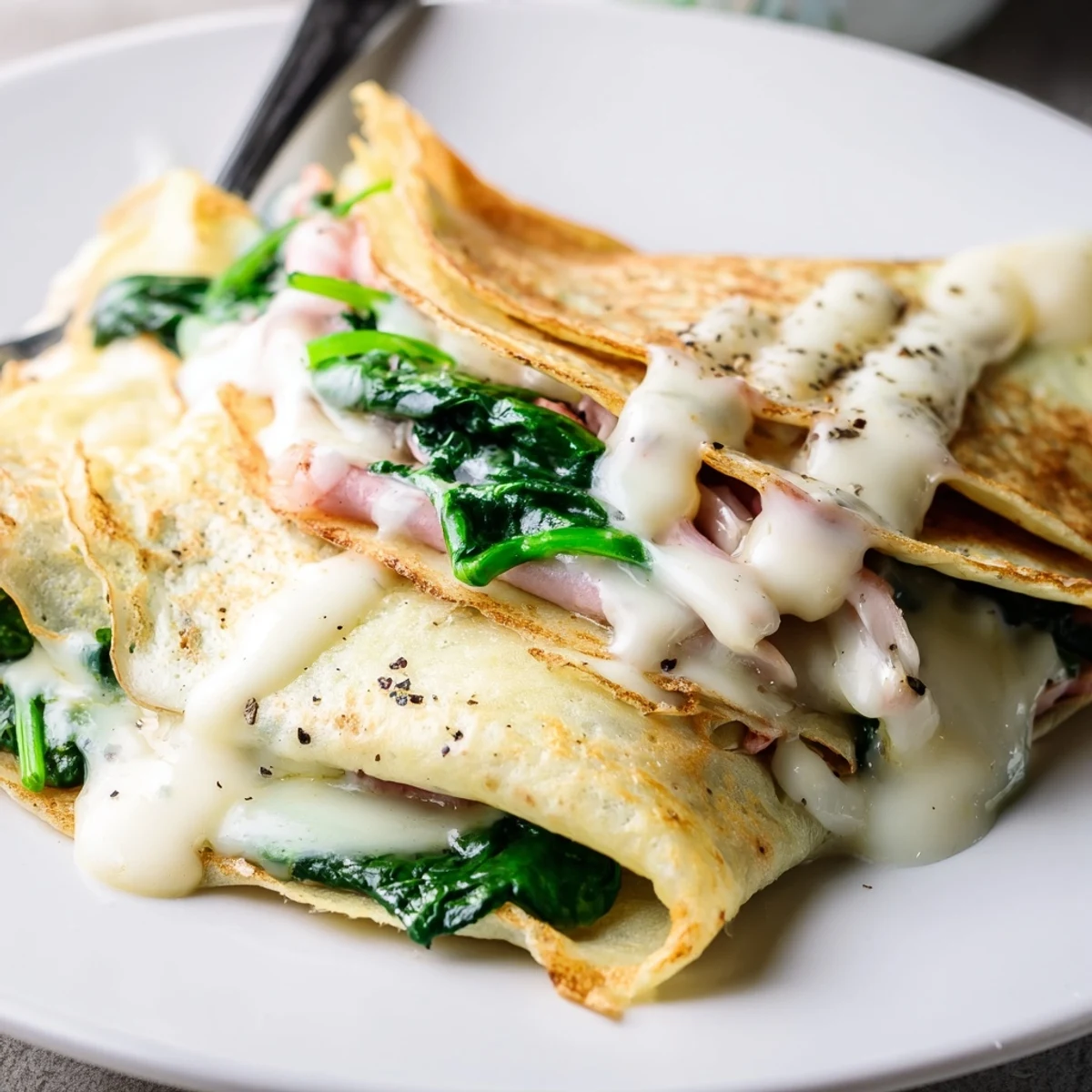 Thin French savory crepes filled with creamy cheese and fresh spinach, baked until bubbly and golden.