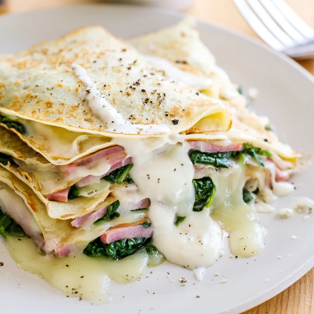 Delicate savory crepes rolled around savory ham and cheese filling, garnished with baby spinach leaves.