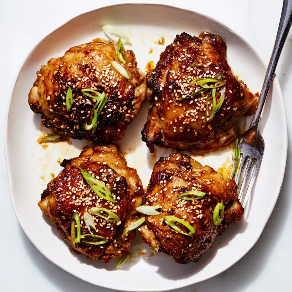Golden oven-roasted garlic miso chicken thighs with caramelized edges and sesame garnish
