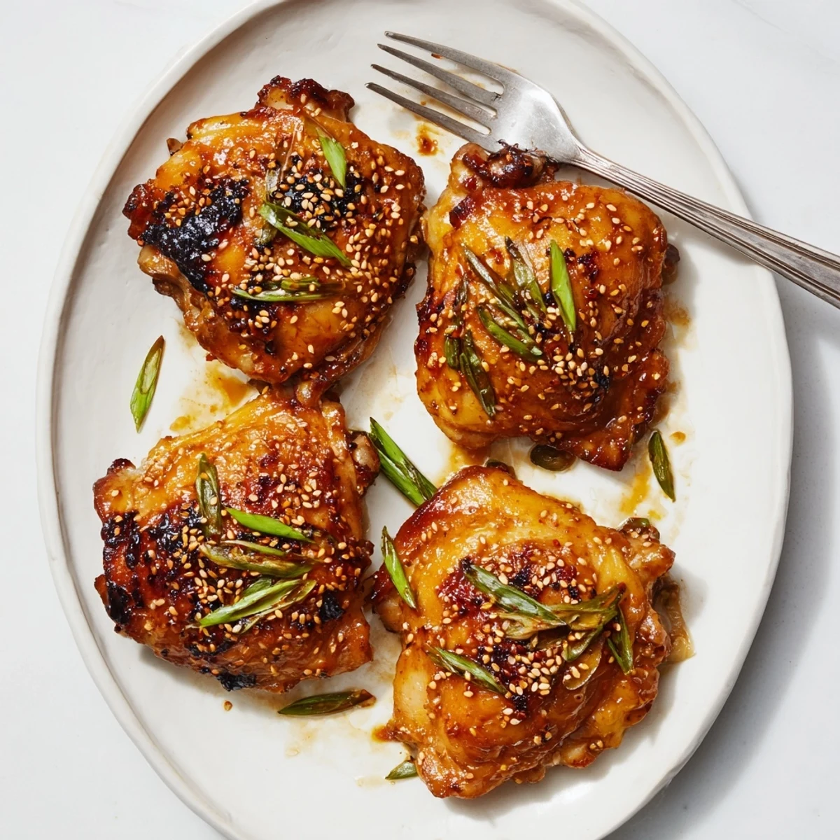 Japanese-inspired garlic miso chicken plated with sesame seeds and fresh spring onion slices