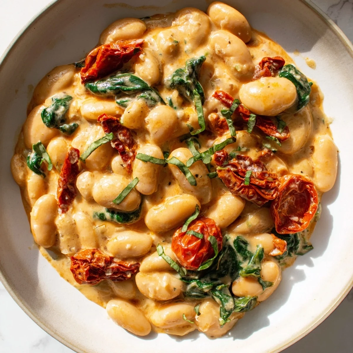 Creamy Mediterranean butter beans skillet with tangy yogurt sauce sun-dried tomatoes and wilted spinach
