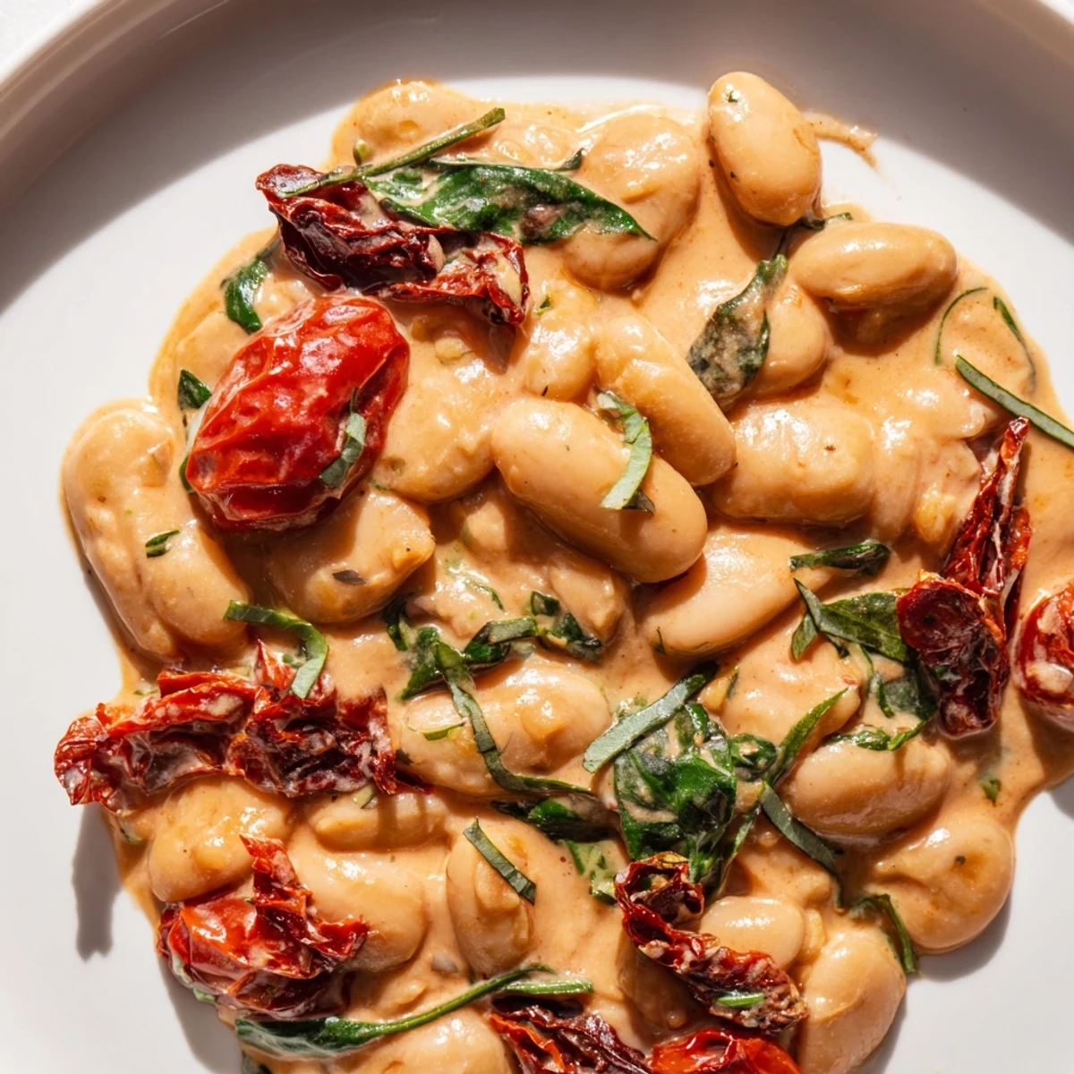 Golden butter beans swimming in creamy Greek yogurt tomato sauce with fresh basil garnish