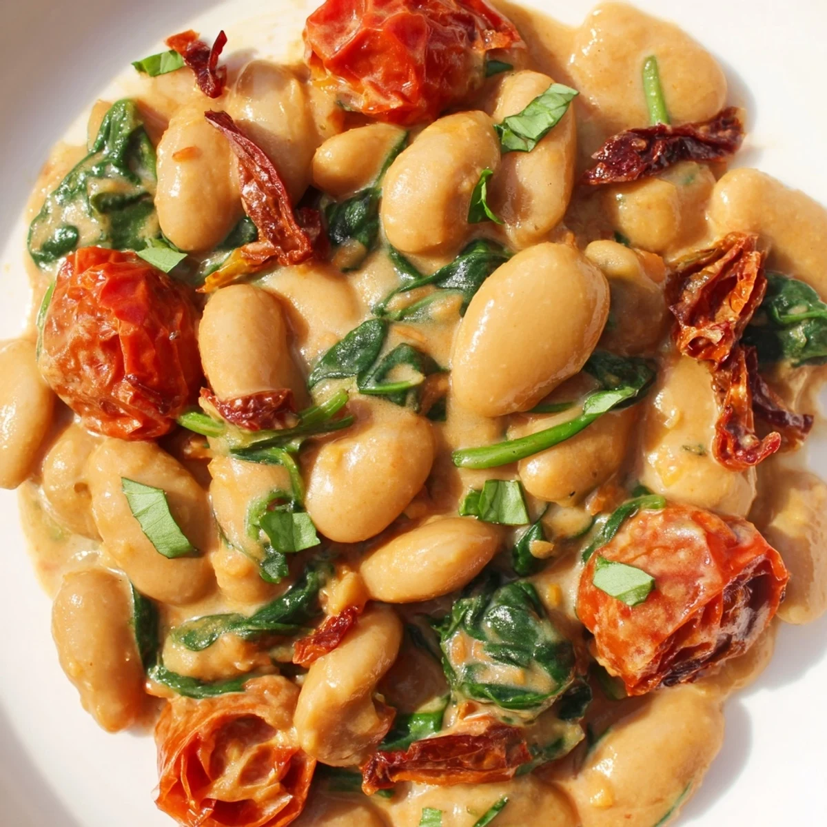 Serving of Greek yogurt marry me butter beans topped with fresh basil and lemon wedges