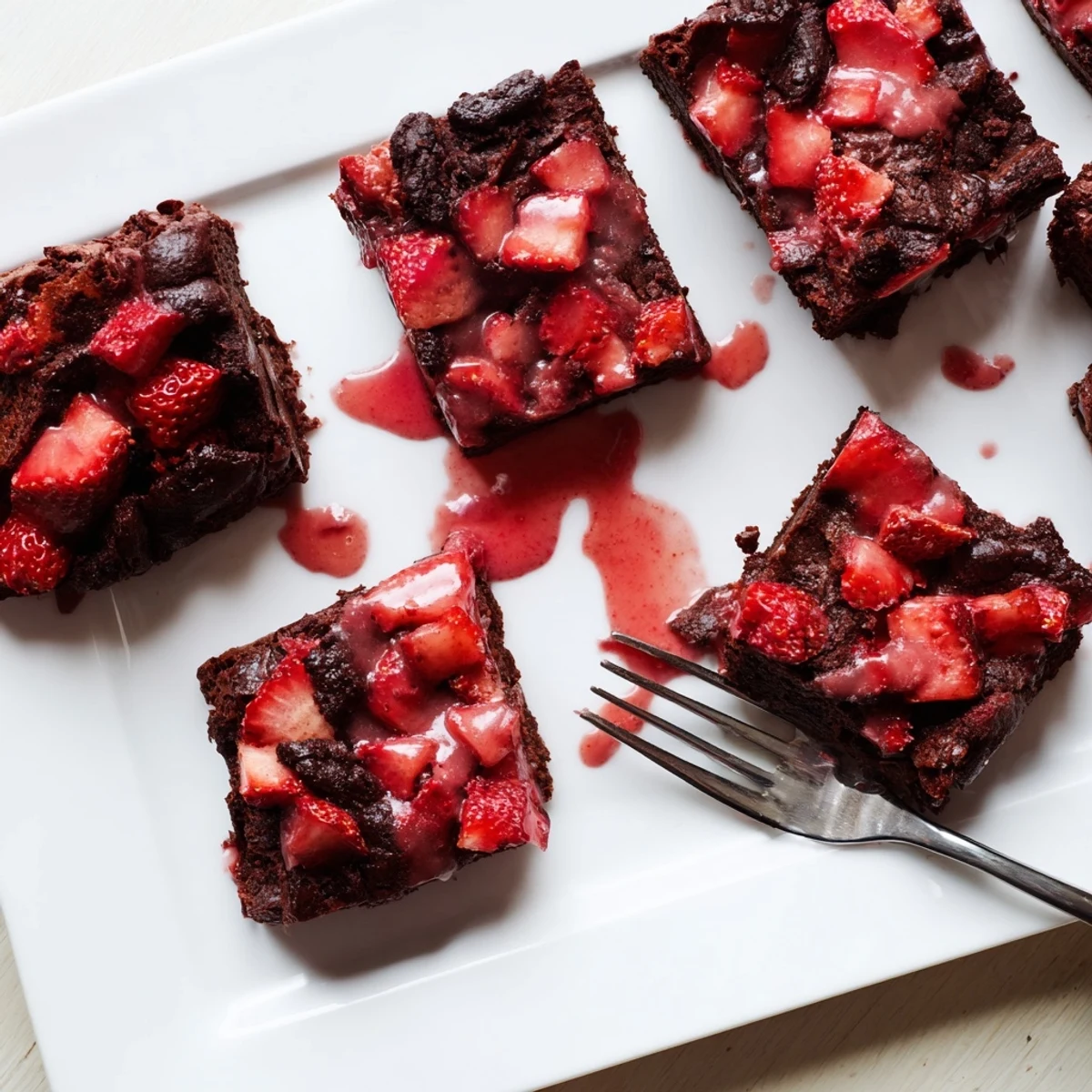 Fudgy easy strawberry brownies topped with sweet pink glaze on a white serving plate.