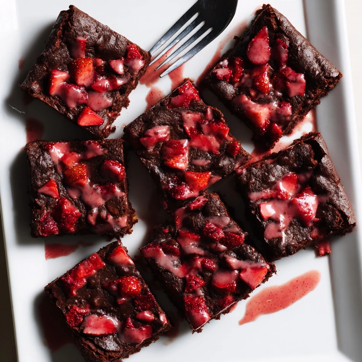 Fresh strawberry chunks embedded in rich chocolate brownies cut into perfect squares.
