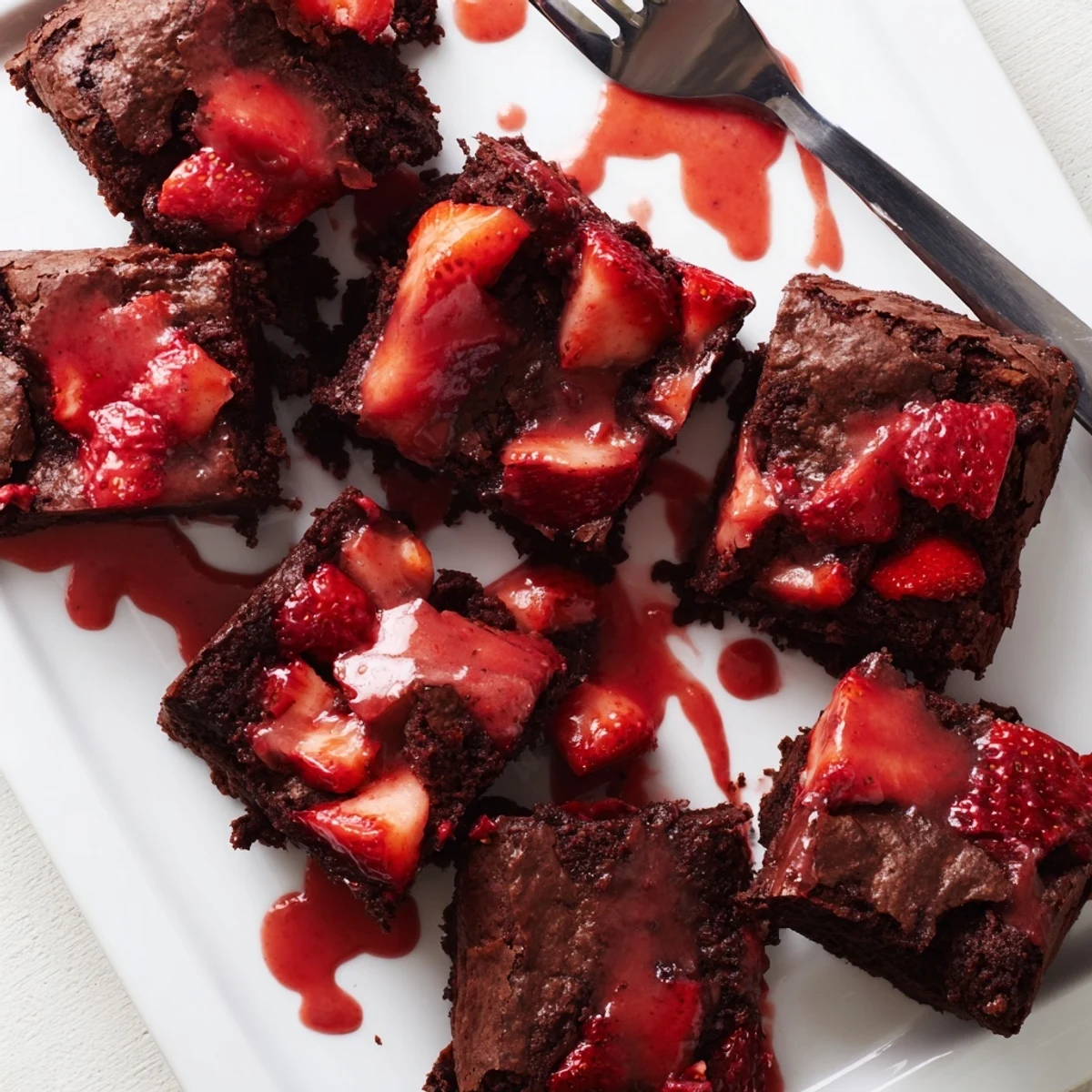 Homemade easy strawberry brownies drizzled with strawberry glaze and ready for dessert.