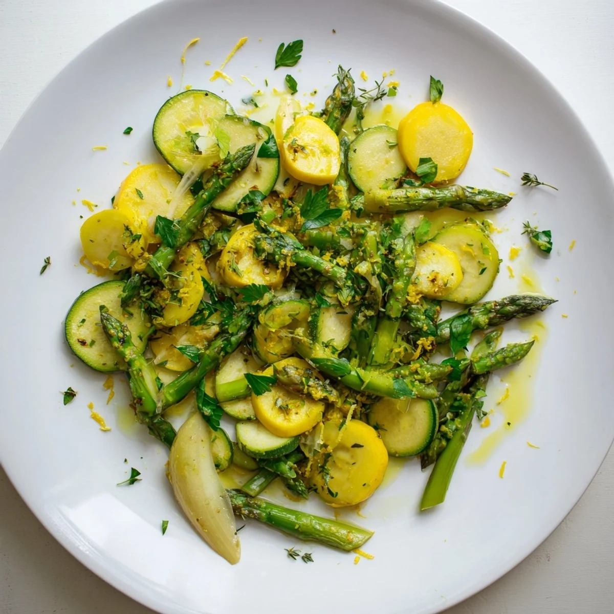 Golden skillet of flavorful asparagus with zucchini and squash garnished with fresh parsley and lemon zest