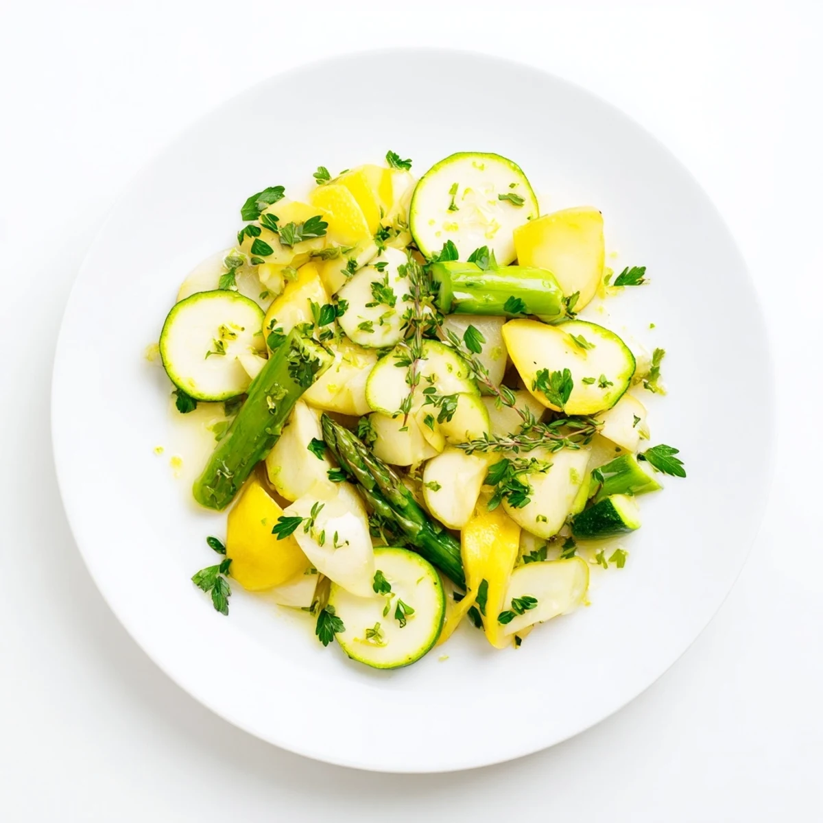 Vibrant healthy side dish featuring crisp asparagus zucchini and yellow squash finished with bright citrus herbs
