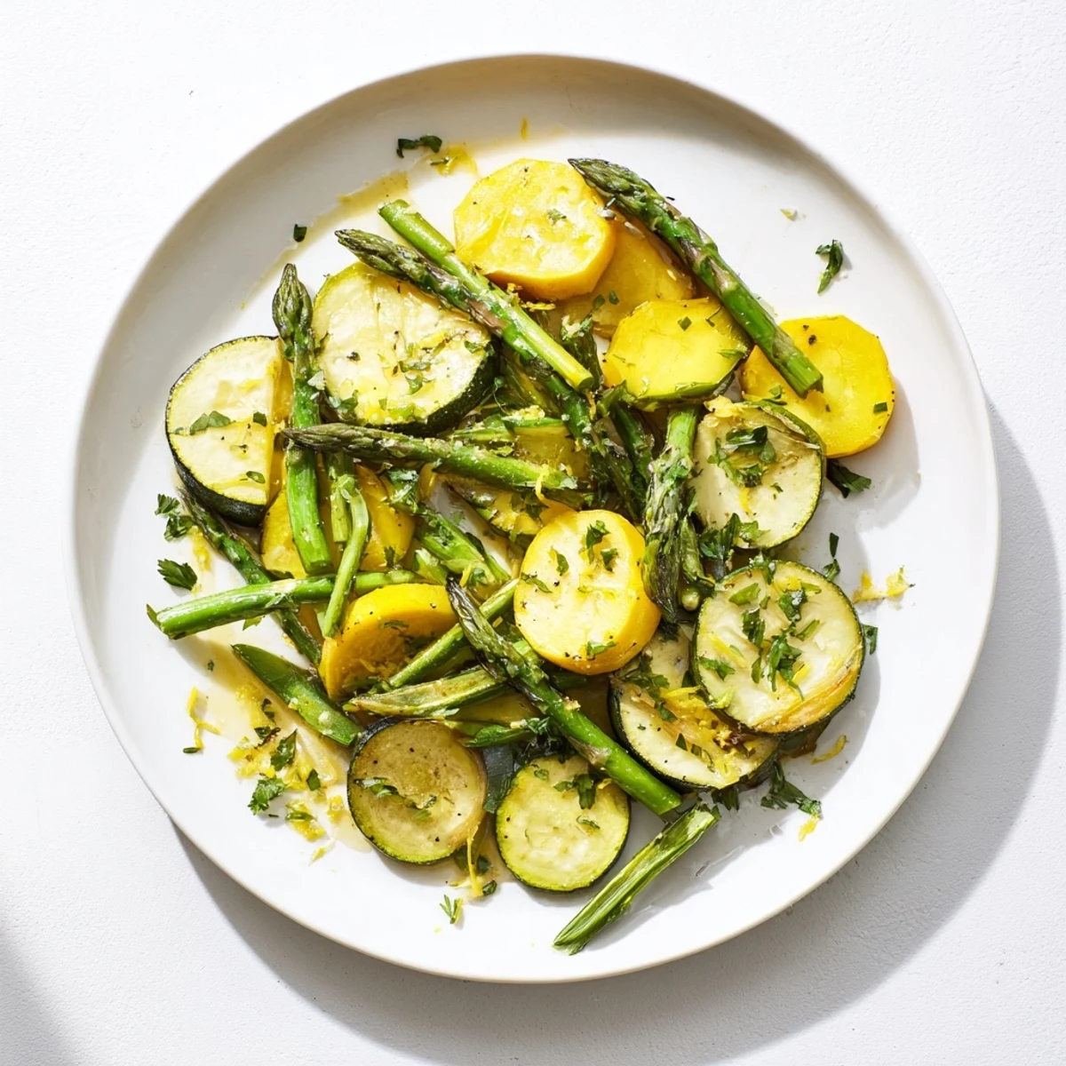 Tender colorful vegetables sautéed with garlic and thyme in this Mediterranean-style asparagus with zucchini and squash
