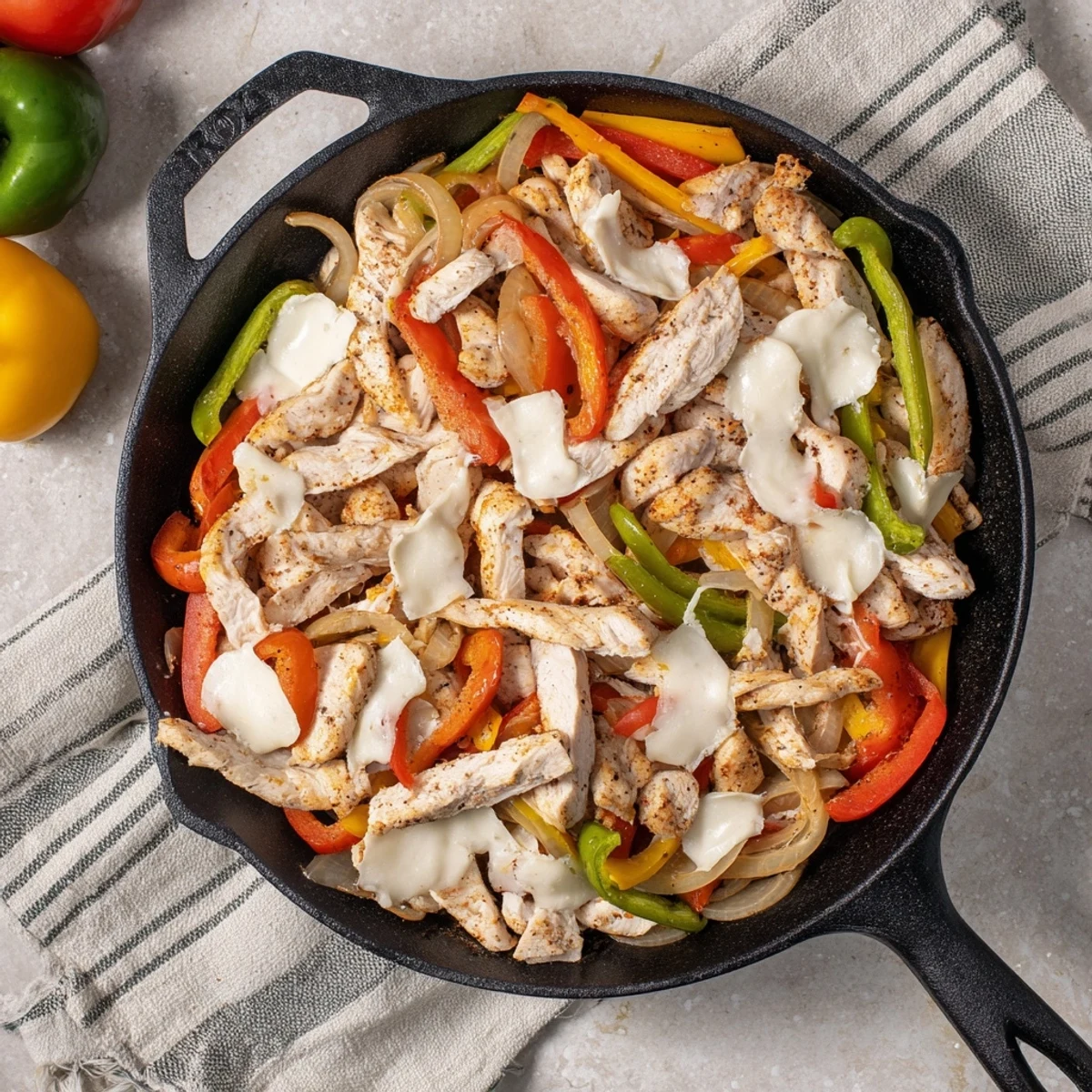 Sizzling chicken cheesesteak skillet featuring melted provolone, colorful peppers, and caramelized onions in a cast iron pan