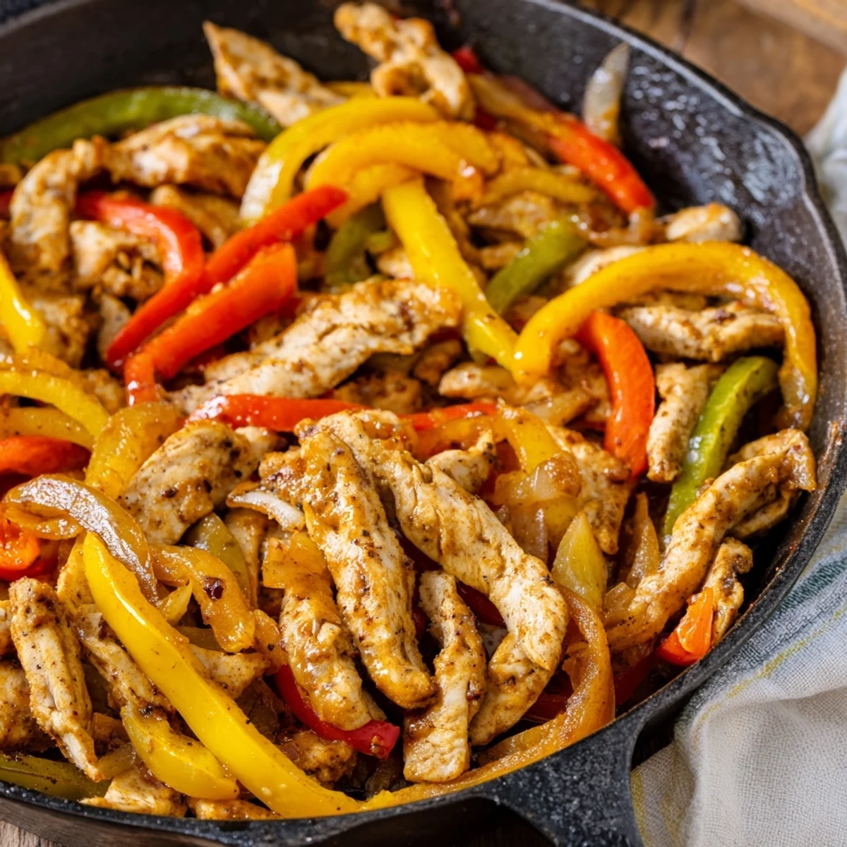 Golden chicken cheesesteak skillet with tender meat, sautéed vegetables, and bubbly cheese topping ready for dinner