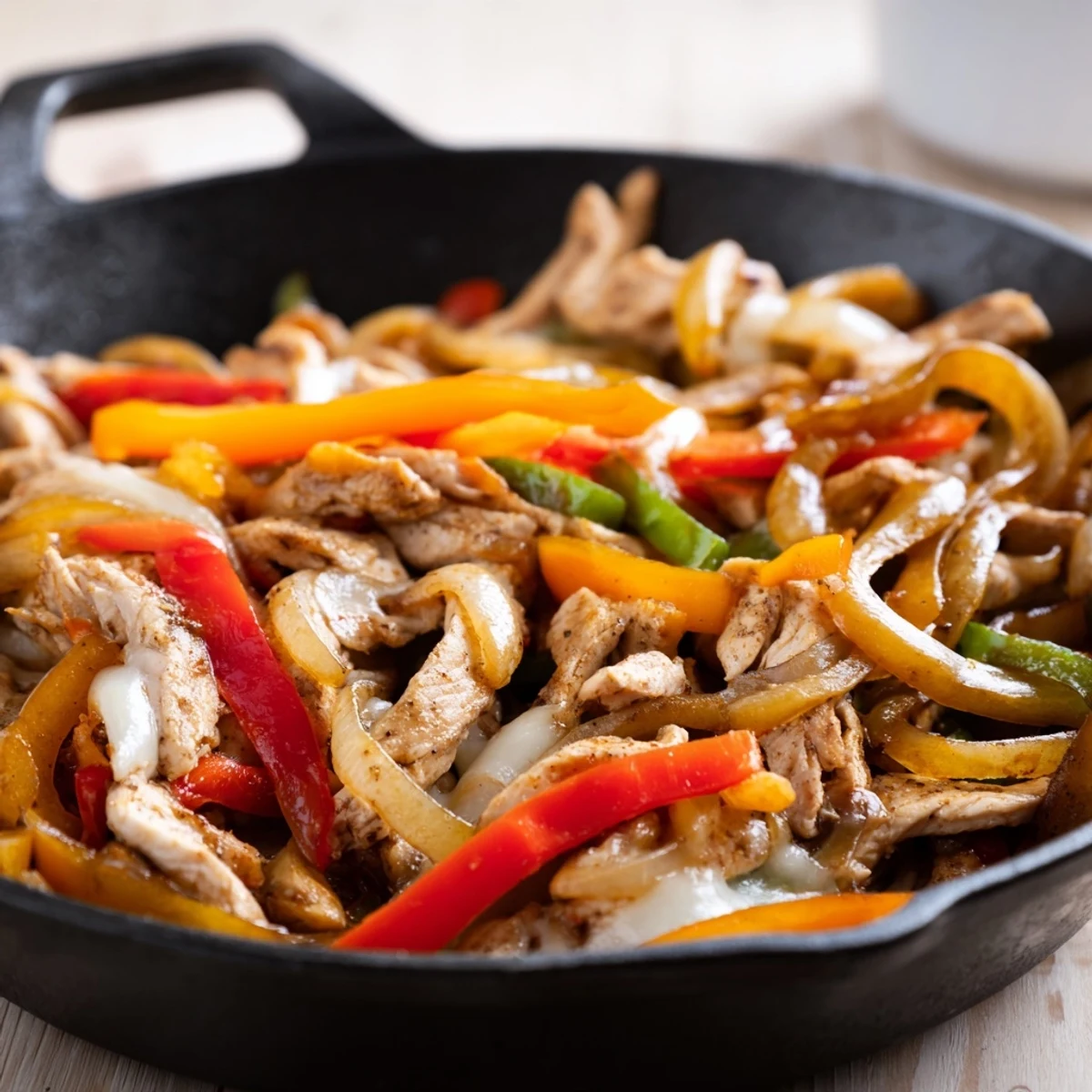 One-pan chicken cheesesteak skillet loaded with sliced chicken breast, bell peppers, onions, and melted provolone cheese