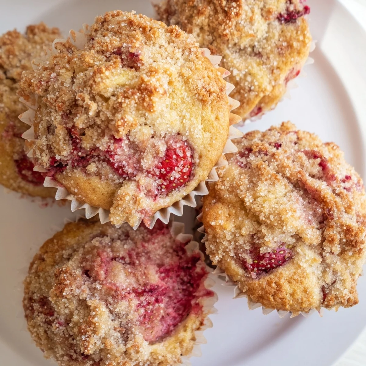 Fresh strawberry muffins with golden crumb tops and juicy red berry pieces visible throughout
