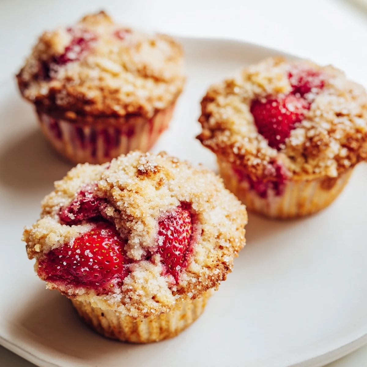 Bakery style strawberry muffins sprinkled with coarse sugar on a rustic wooden cutting board