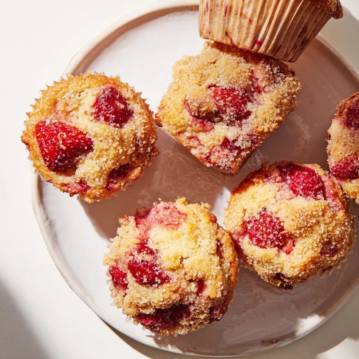 Moist strawberry muffins studded with diced fresh berries and vanilla flecks on a wire rack