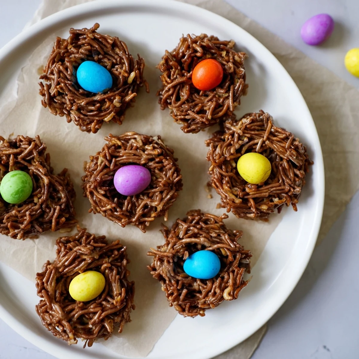 Chocolate-covered no bake birds nest cookies topped with colorful candy eggs on parchment paper