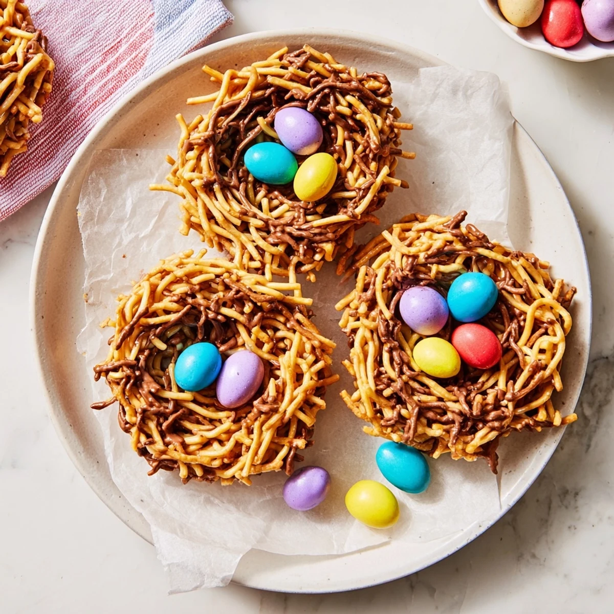 Crispy chow mein noodles shaped into no bake birds nest cookies with chocolate peanut butter