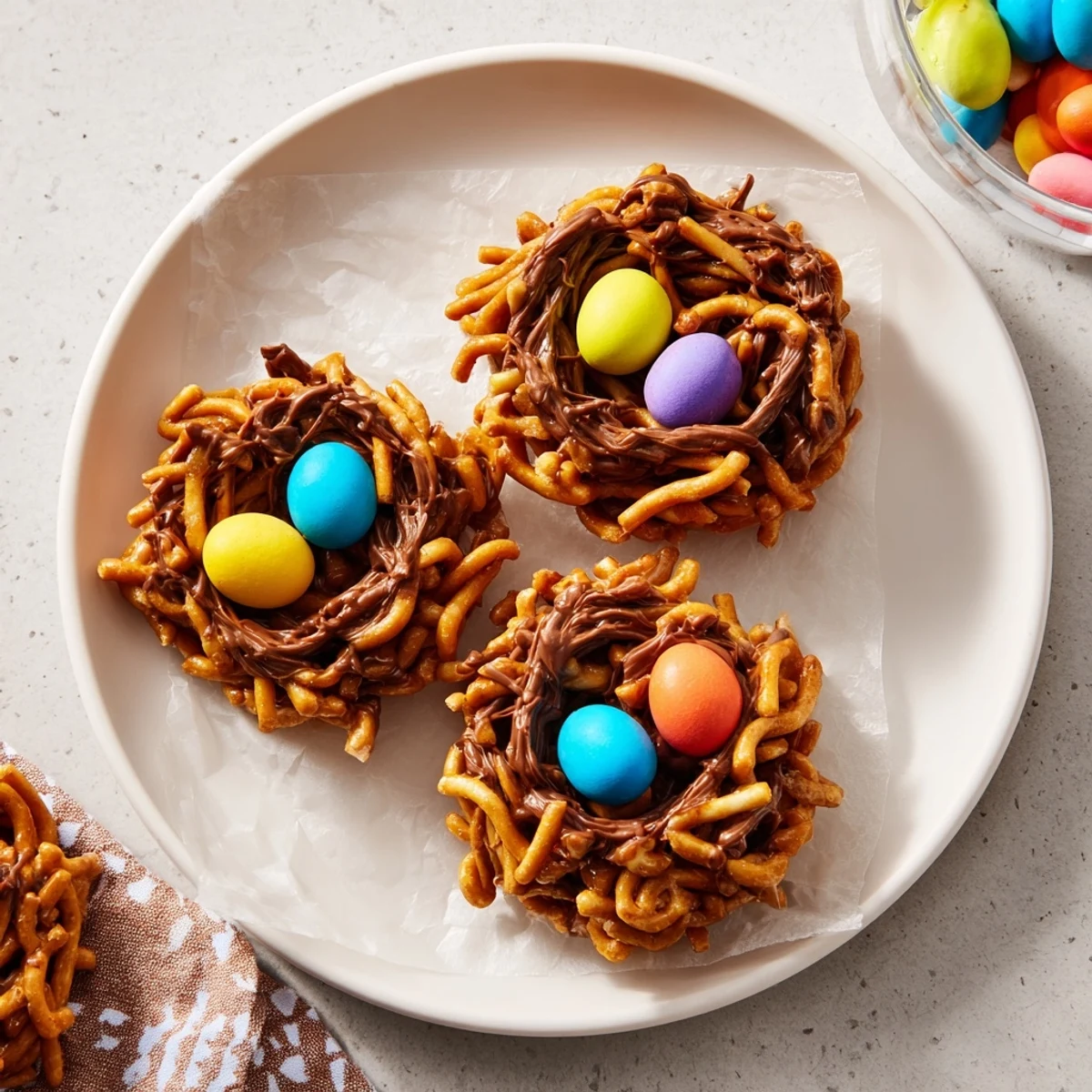 Easter no bake birds nest cookies with Cadbury eggs arranged on white baking sheet