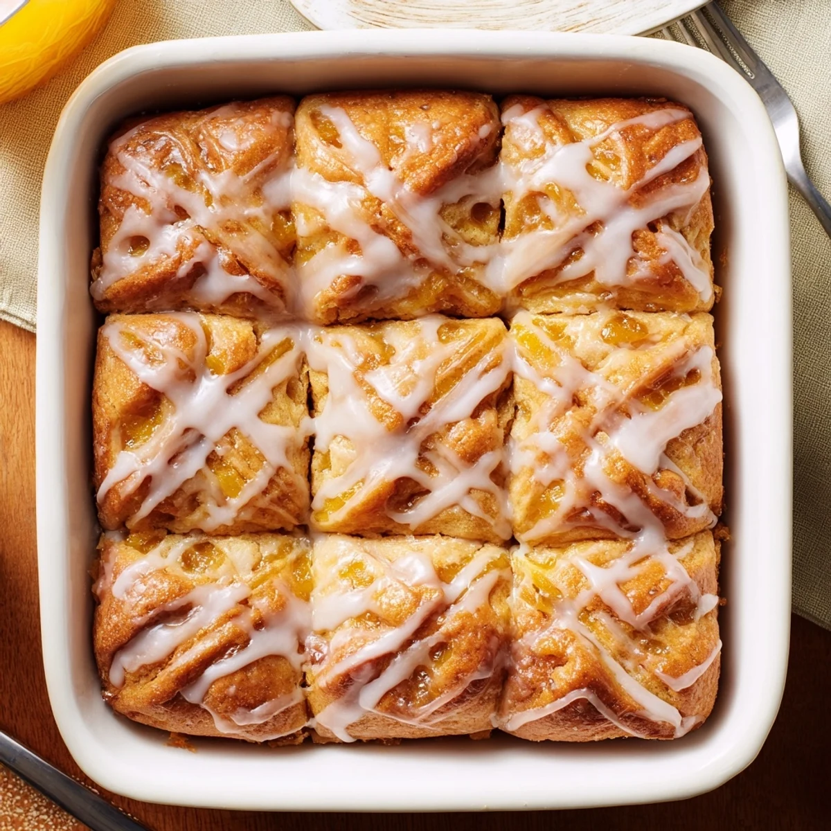 Golden peach butter swim biscuits topped with sweet vanilla glaze on a white plate