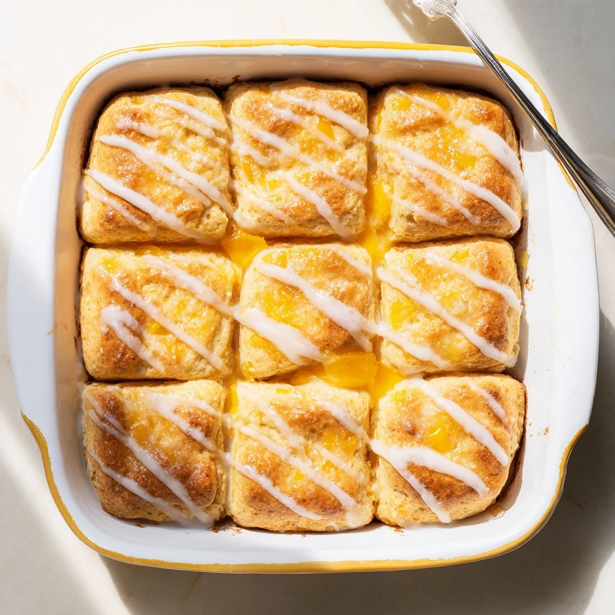Freshly baked peach biscuits with glossy vanilla glaze ready for breakfast or dessert