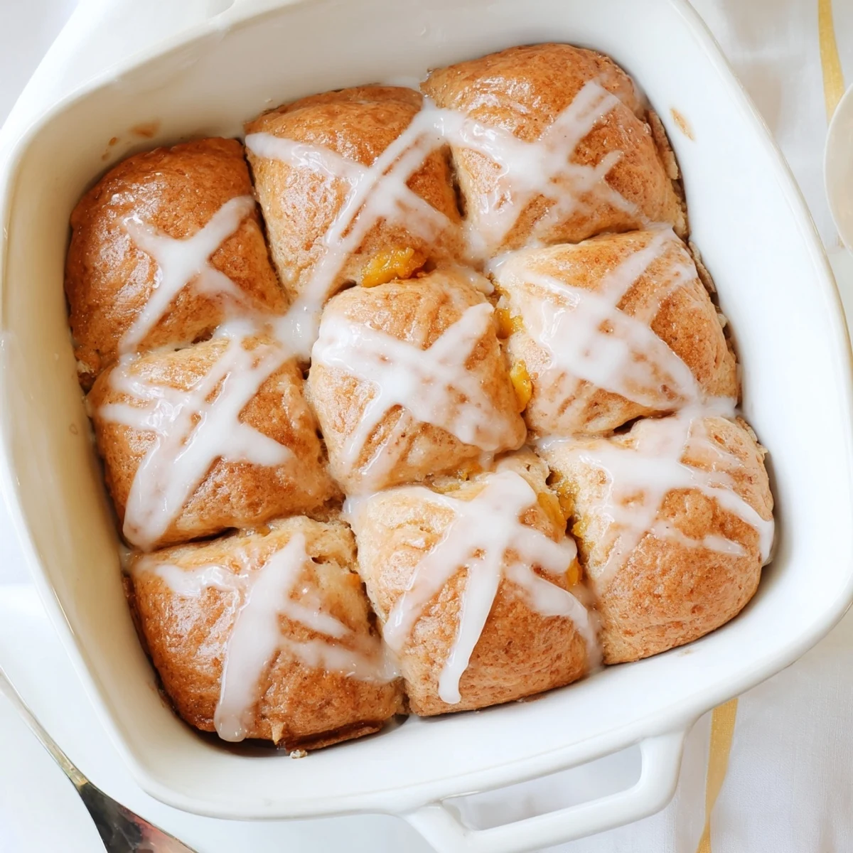 Warm homemade biscuits swimming in peach butter with a drizzle of vanilla glaze