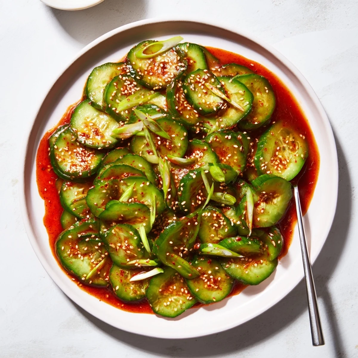 Fresh Korean cucumber salad featuring crisp sliced cucumbers tossed in spicy red chili dressing