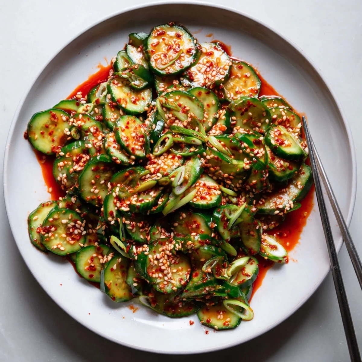 Vibrant bowl of Korean cucumber salad topped with sesame seeds and green onion garnish