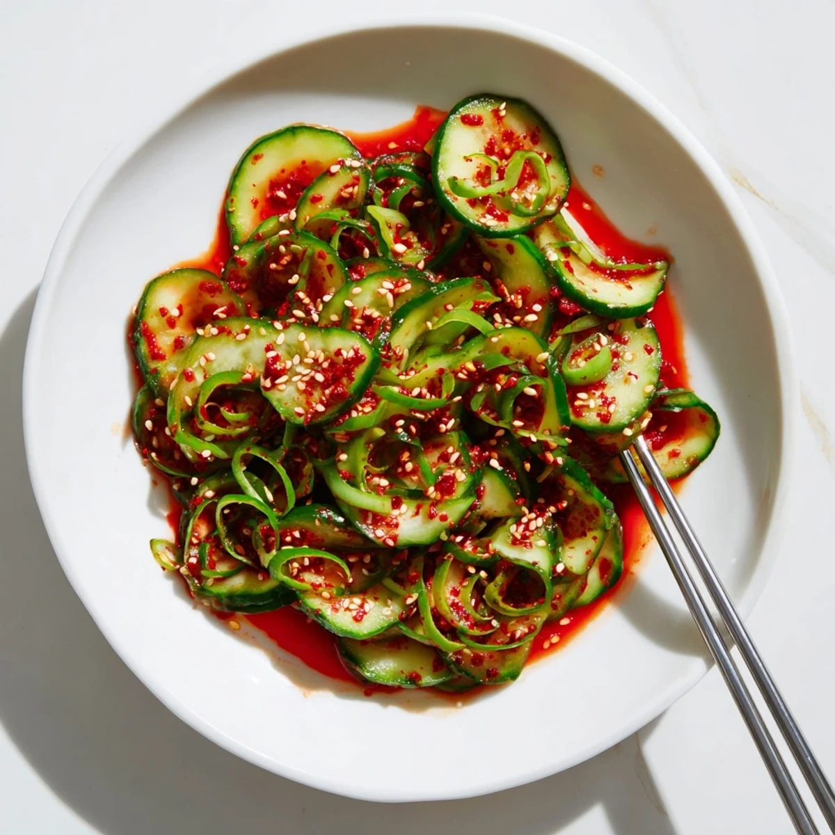 Spicy-sweet Korean cucumber salad showcasing thinly sliced cucumbers coated in garlic sesame oil dressing