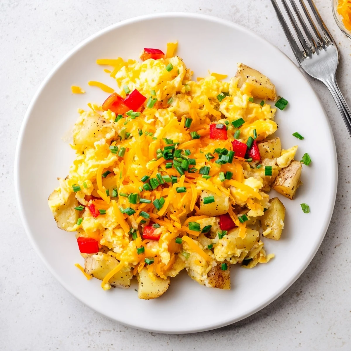 Golden cheesy potato egg scramble in a skillet with melted cheddar and colorful diced vegetables