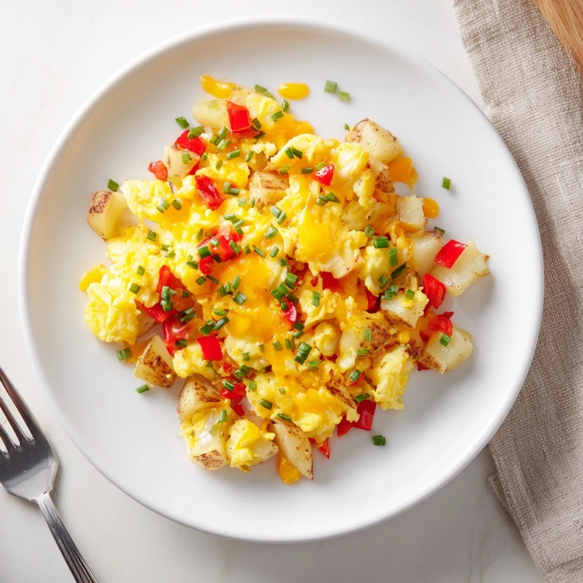 Fluffy scrambled eggs mixed with crispy golden potatoes and melted cheese in a cast iron skillet
