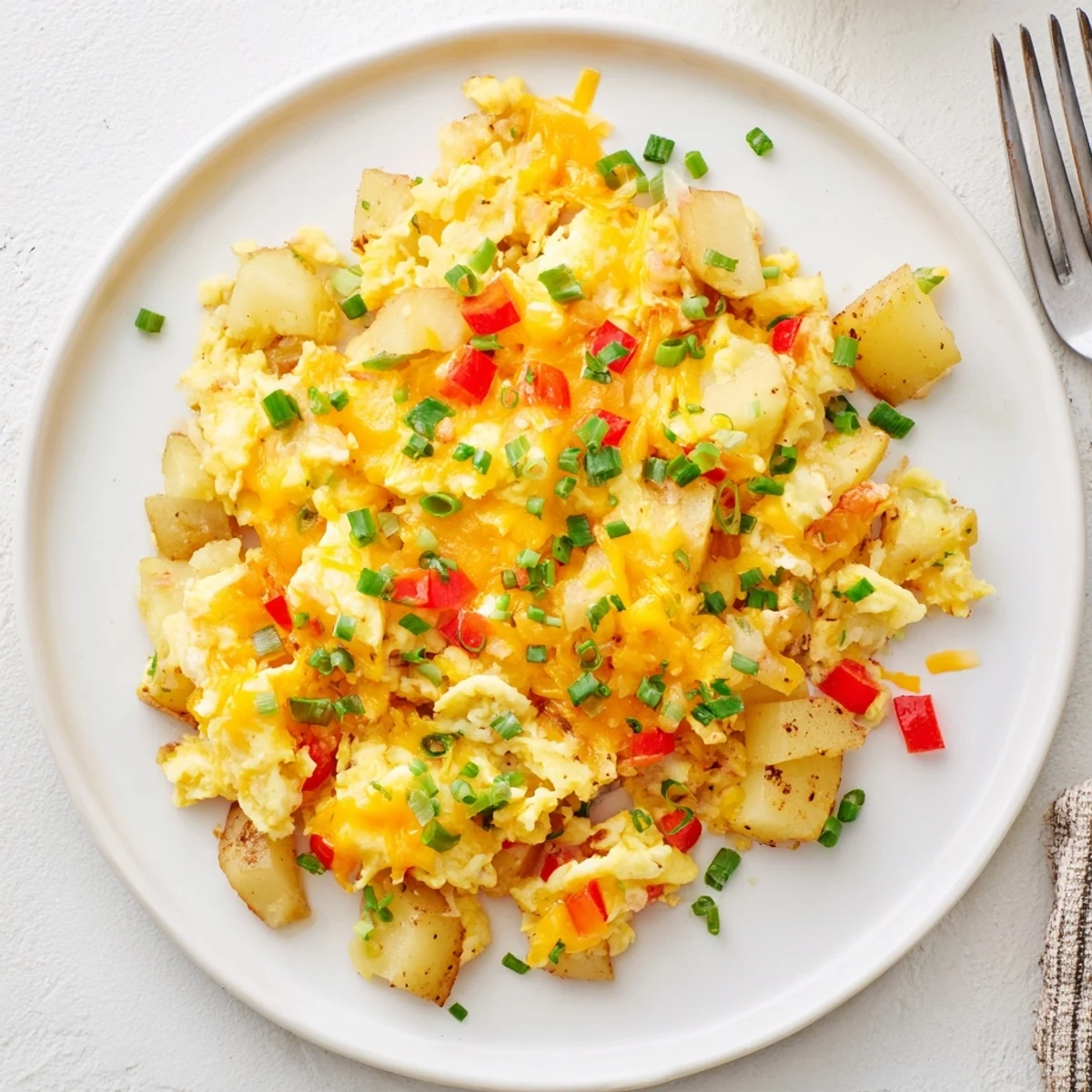 Hearty breakfast plate featuring cheesy potato egg scramble topped with fresh chives and bell peppers