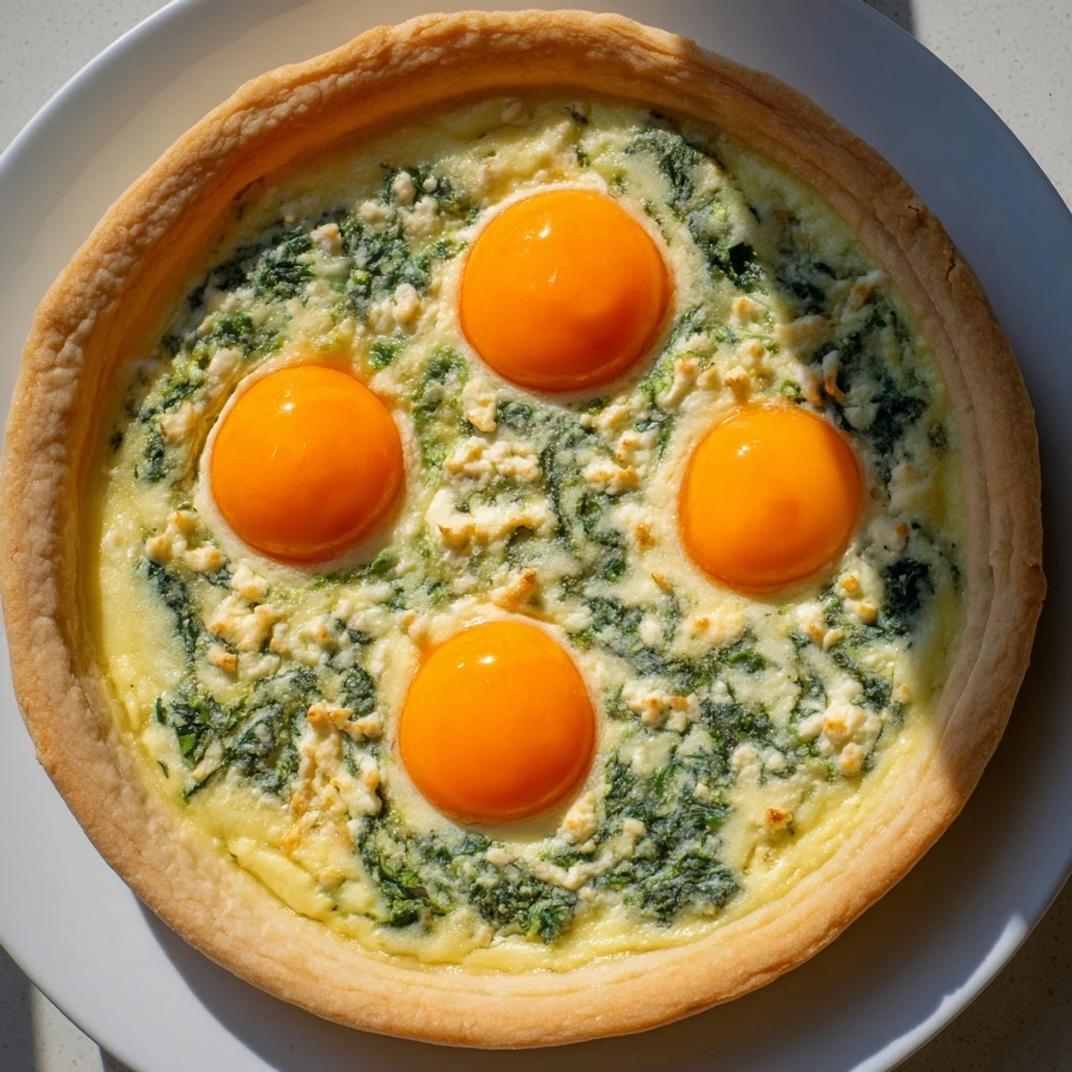 Savory Italian Easter tart sliced to reveal the rich ricotta, spinach, Parmesan filling with perfectly baked egg yolks