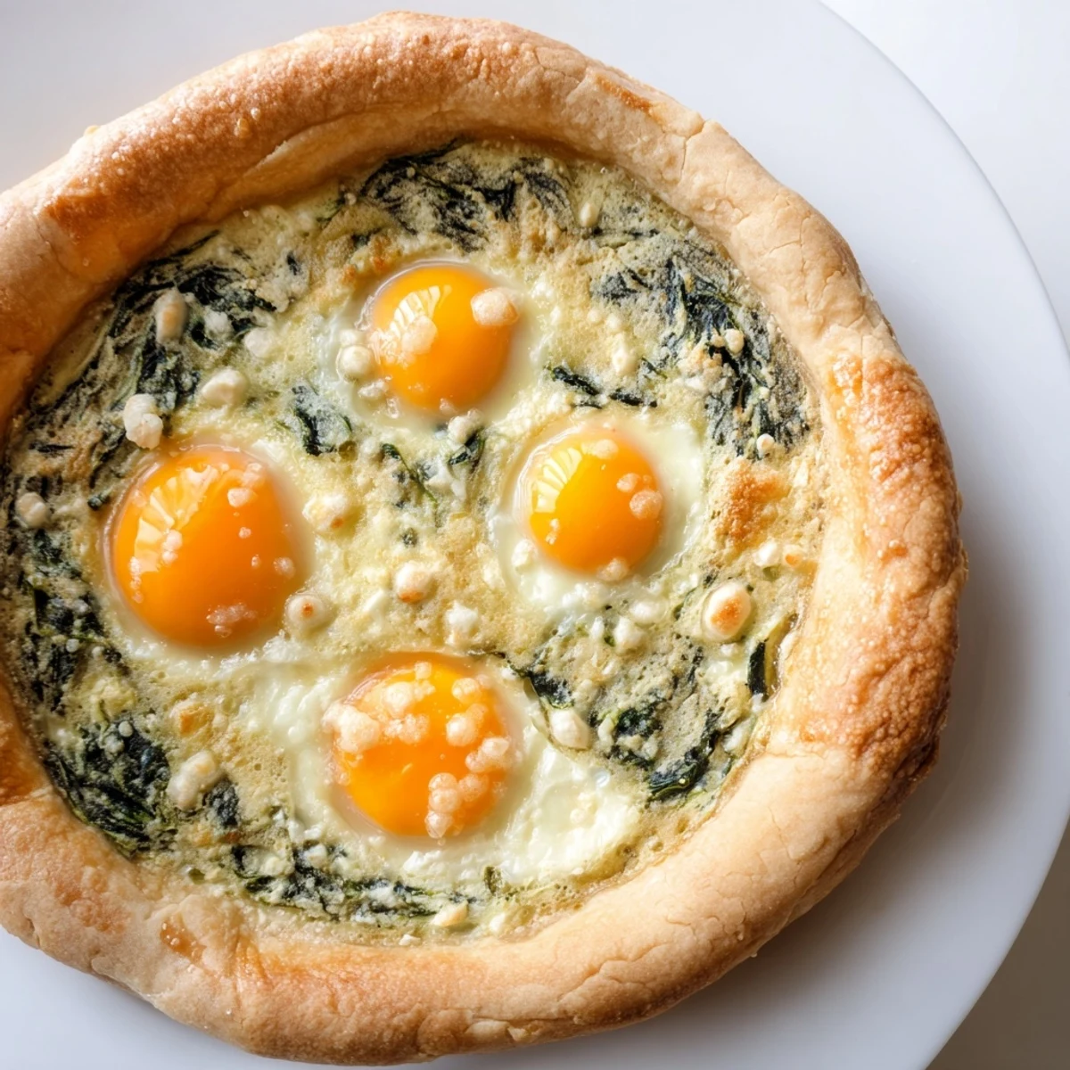 Golden brown Easter tart with creamy ricotta spinach filling and baked whole eggs on a tender pastry crust