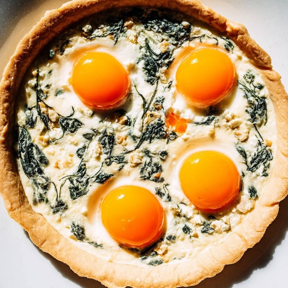 Beautiful spring Easter tart featuring golden flaky crust filled with creamy spinach ricotta and whole baked eggs