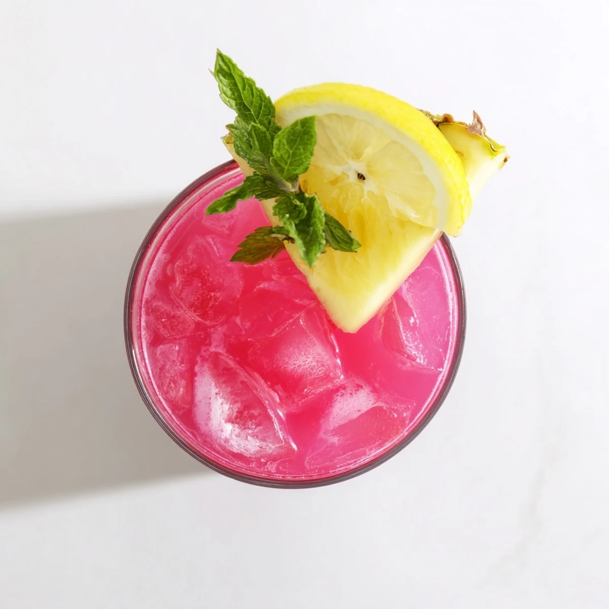 Tall glass of pineapple pink lemonade garnished with fresh pineapple wedge and mint leaves